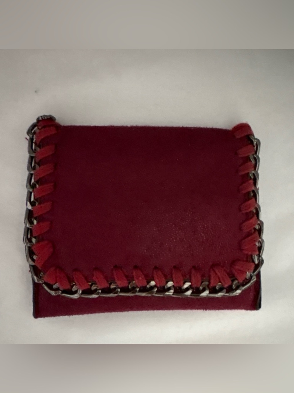 Compact Red Women’s Wallet with Gunmetal Chain Trim
